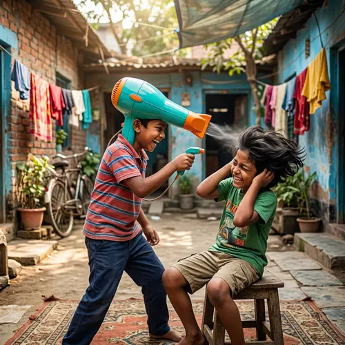A Boy with a Hair Dryer Instead of a Head