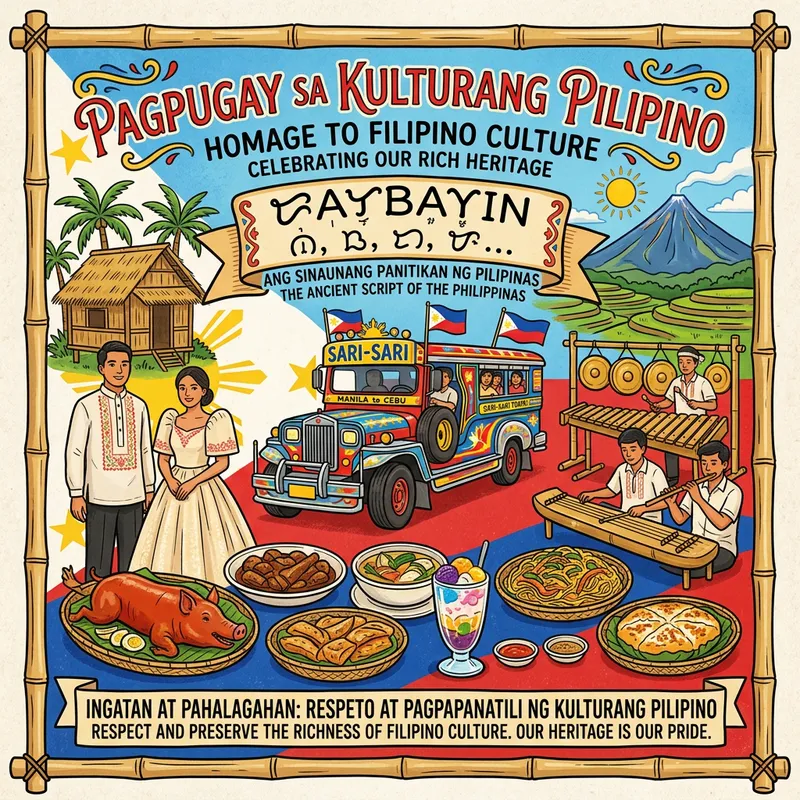 Honoring Filipino Culture Poster | Baybayin Script & Delicacies