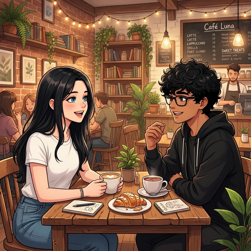 Anime Girl and Boy in Café: Black Hair, Blue Eyes, White T-shirt, Jeans