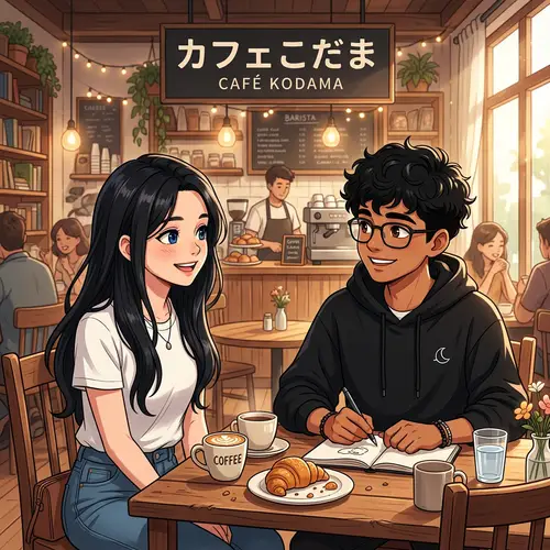Anime-Style Young Girl and Boy Café Scene