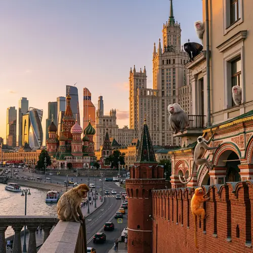 Monkeys Exploring Moscow Cityscape in Summer