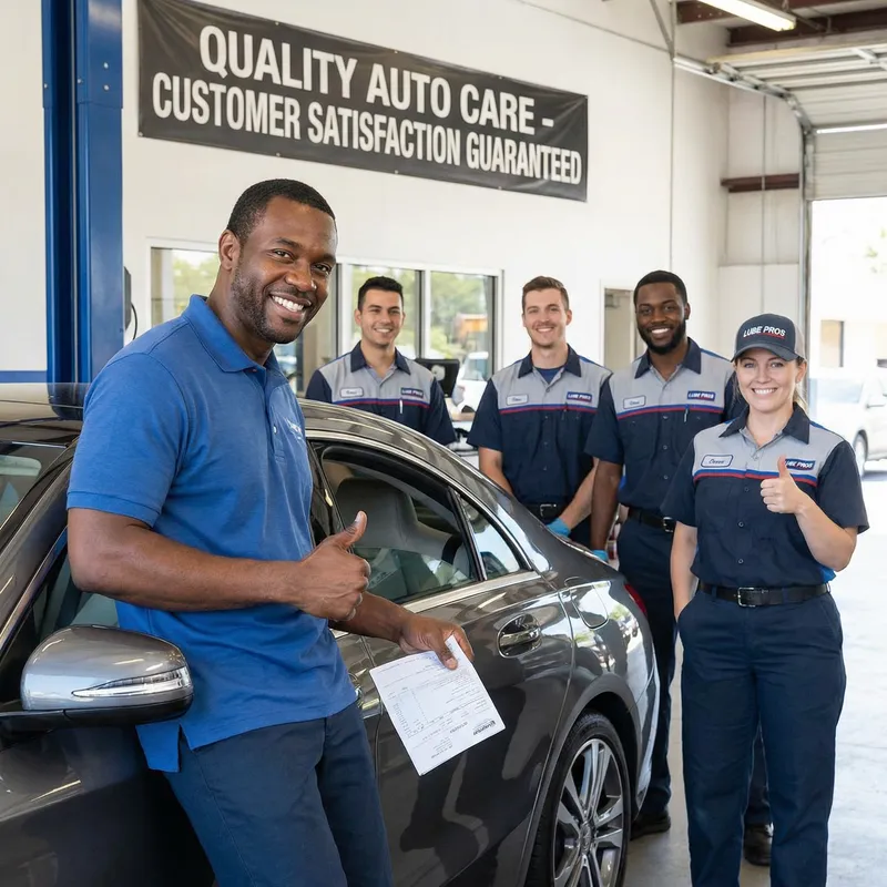 Happy Car Owner with Service Center Team | Quality Oil Change Service