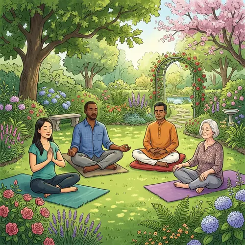 Tranquil Garden Meditation with Diverse Group | Wellness Retreat