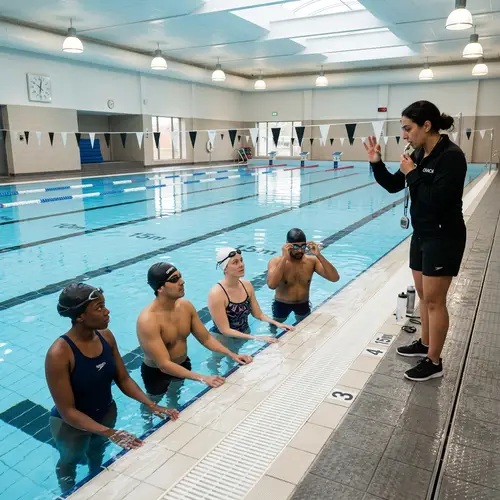Diverse Swimmers Prep for Breath-Holding Training | Indoor Pool