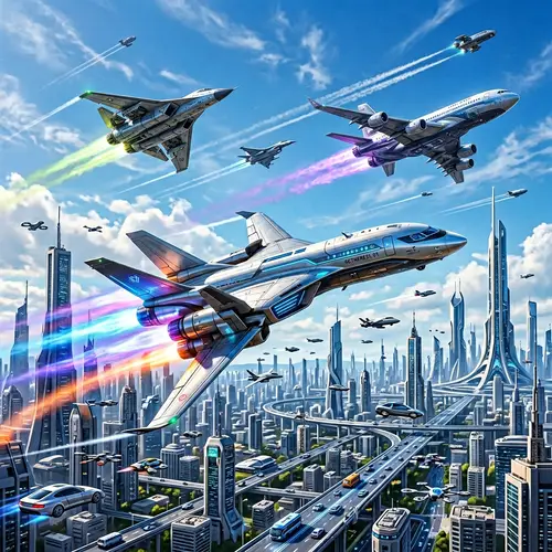 Futuristic Aircraft Designs in Aerial Cityscape
