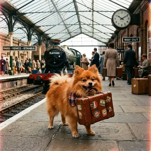 Cheerful Red Spitz Dog at Train Station | Nostalgic Travel Vibes