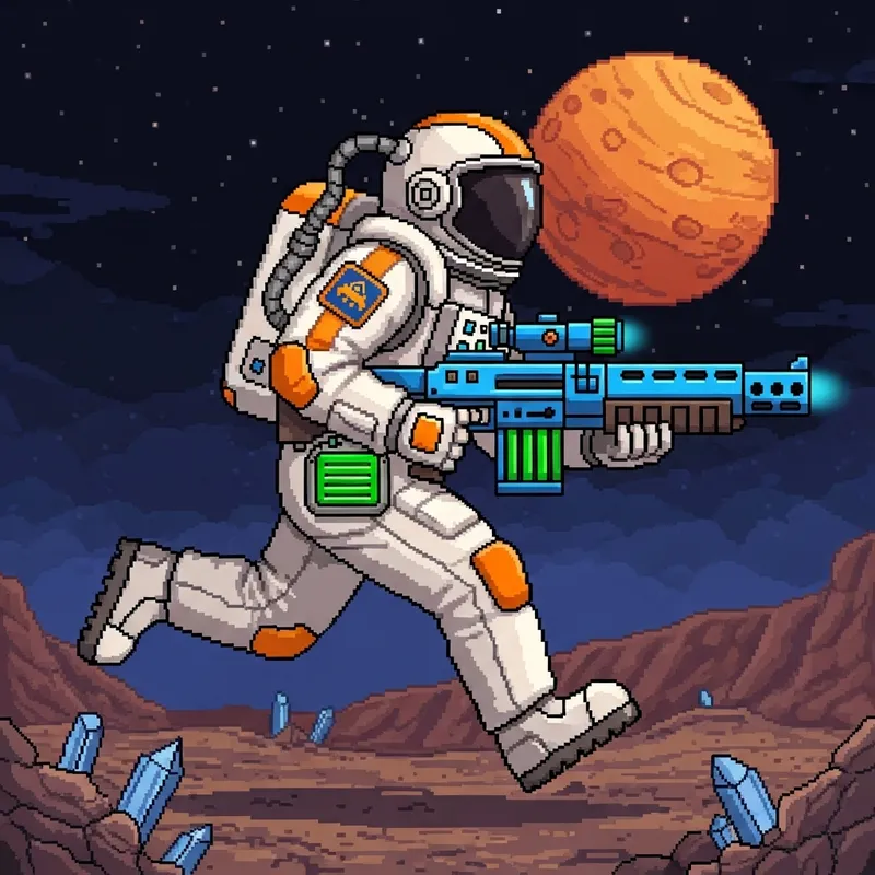 Running Astronaut with Mining Rifle - Pixel Art