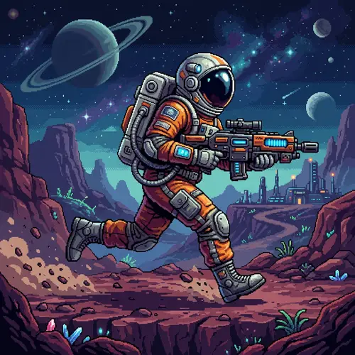 Running Astronaut with Mining Rifle - Pixel Art