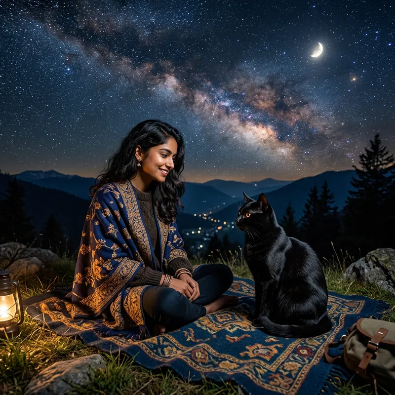 Captivating Scene: Girl with Black Cat under Starry Sky Captivating Scene: Girl with Black Cat under Starry Sky