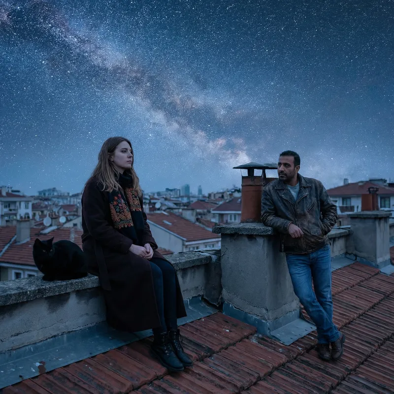 Enchanting Rooftop Encounter: Girl, Black Cat, and Thoughtful Man