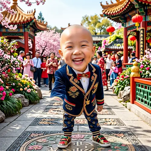 Joyful Chinese Little Boy Selfie in Designer Attire