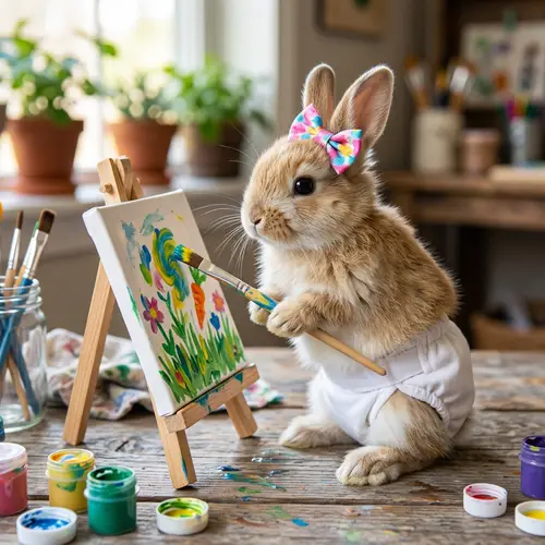 Sweet Baby Rabbit in Hairbow & Diaper Painting Cute Picture