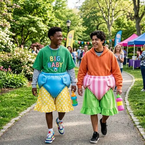 Hilarious Teen Boys in Diaper Costumes at Park