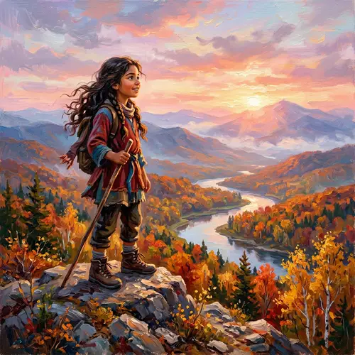 Hispanic Girl in Majestic Mountain Landscape - Impressionist Painting