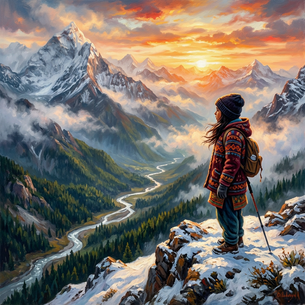 Serene Girl Admiring Nature View from Mountain Summit | AI Art