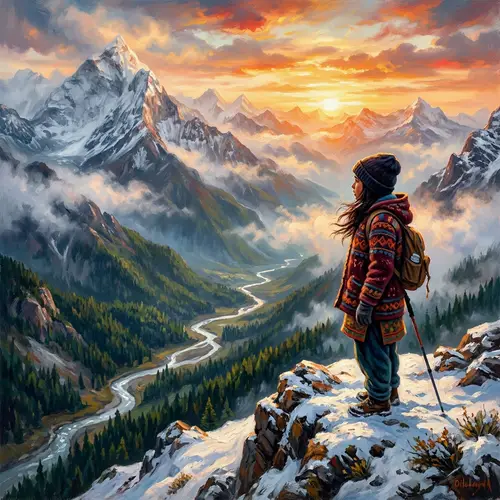 South Asian Girl Oil Painting on Snow-Capped Mountain
