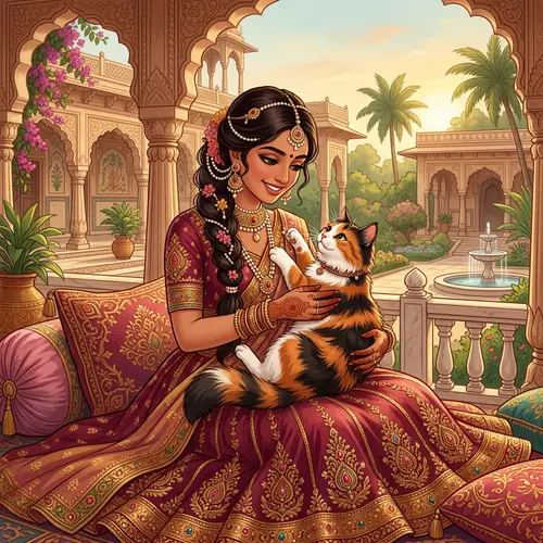South Asian Princess with Domestic Cat | Warm Bond Illustration