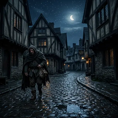 Historical Scene: Man Walking on Old Cobblestone Road