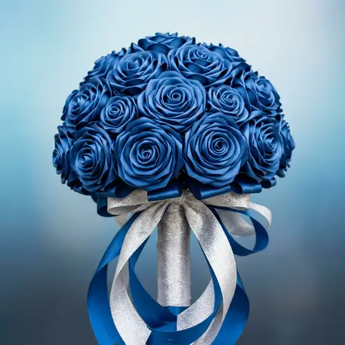 Delicate Blue Satin Ribbon Roses Bouquet | Elegant Floral Arrangement