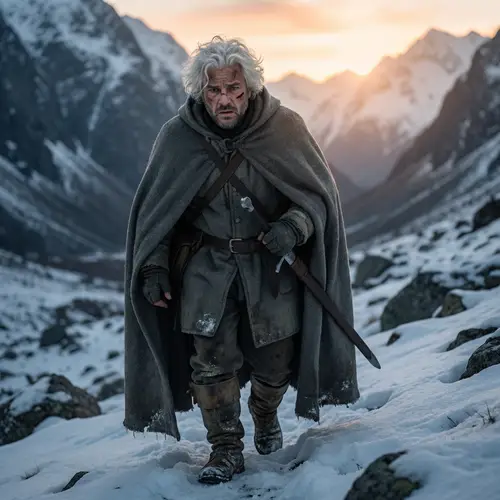 Gallant Warrior Ascending from Snowy Valley at Sunrise