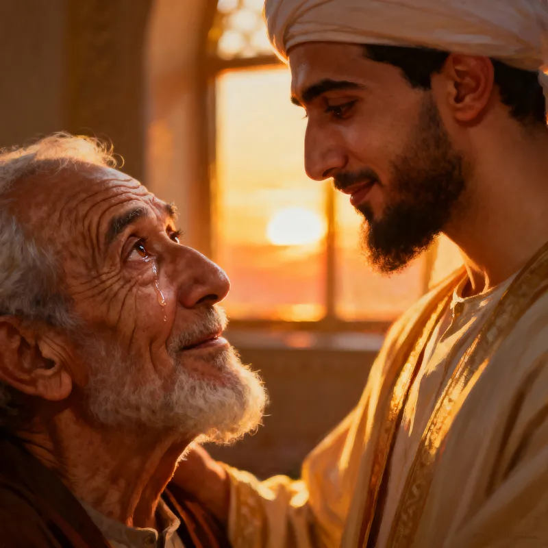 Emotional Scene: Old Man Gazing at Prophet Muhammad