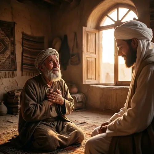 Emotional Scene: Old Man Gazing at Prophet Muhammad