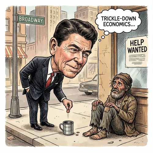 Political Cartoon of Ronald Reagan Giving to Homeless