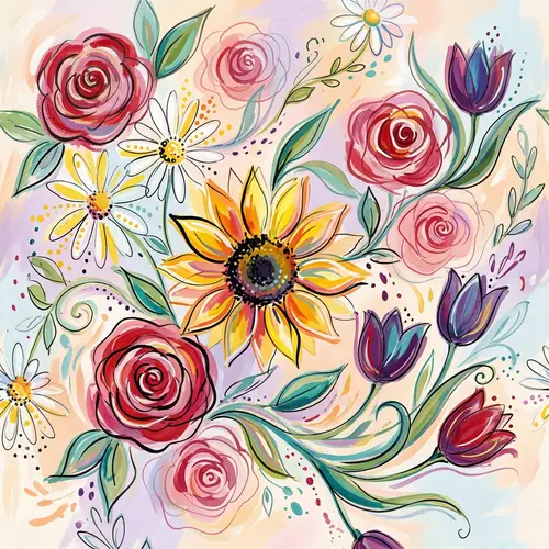 Abstract Floral Pattern: Roses, Daisies, Sunflowers & Tulips