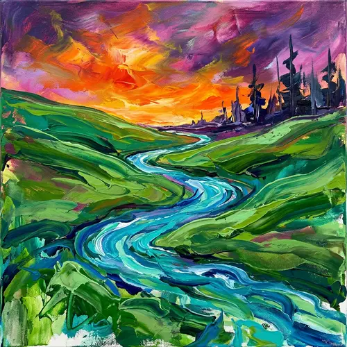 Abstract Natural Landscape Art | Orange Sunset & Rolling Green Hills