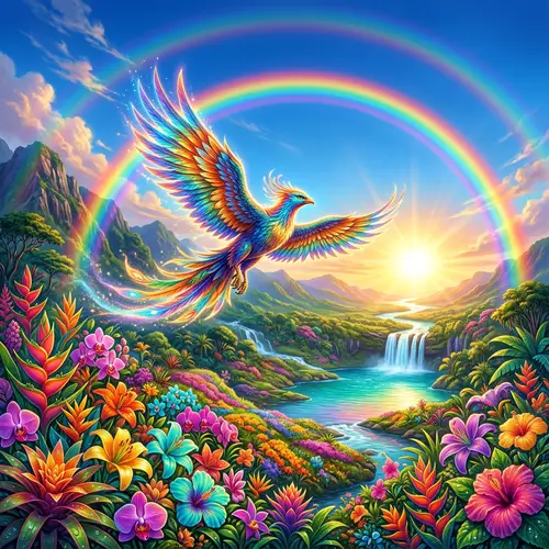 Vibrant Nature Scene with Mystical Flight | Exotic Flowers & Rainbows