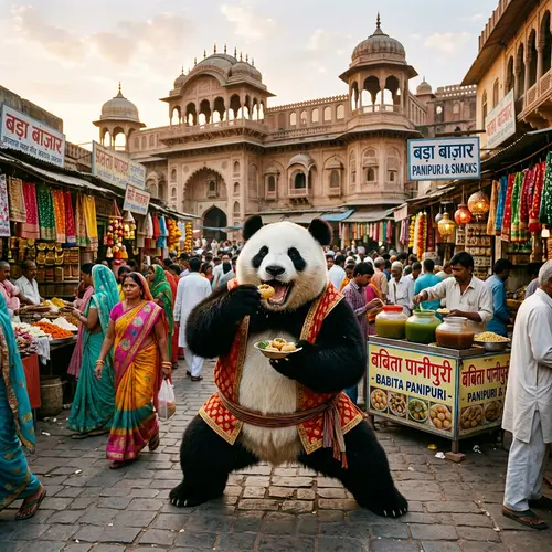 Kung Fu Panda Enjoying Panipuri in Indian Marketplace