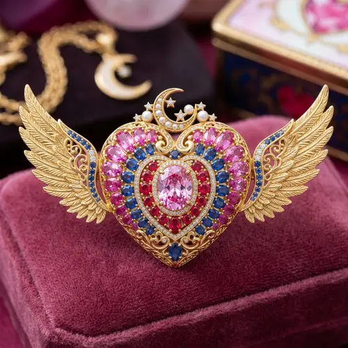 Magical Sailor Moon Brooch with Gemstones and Golden Wings