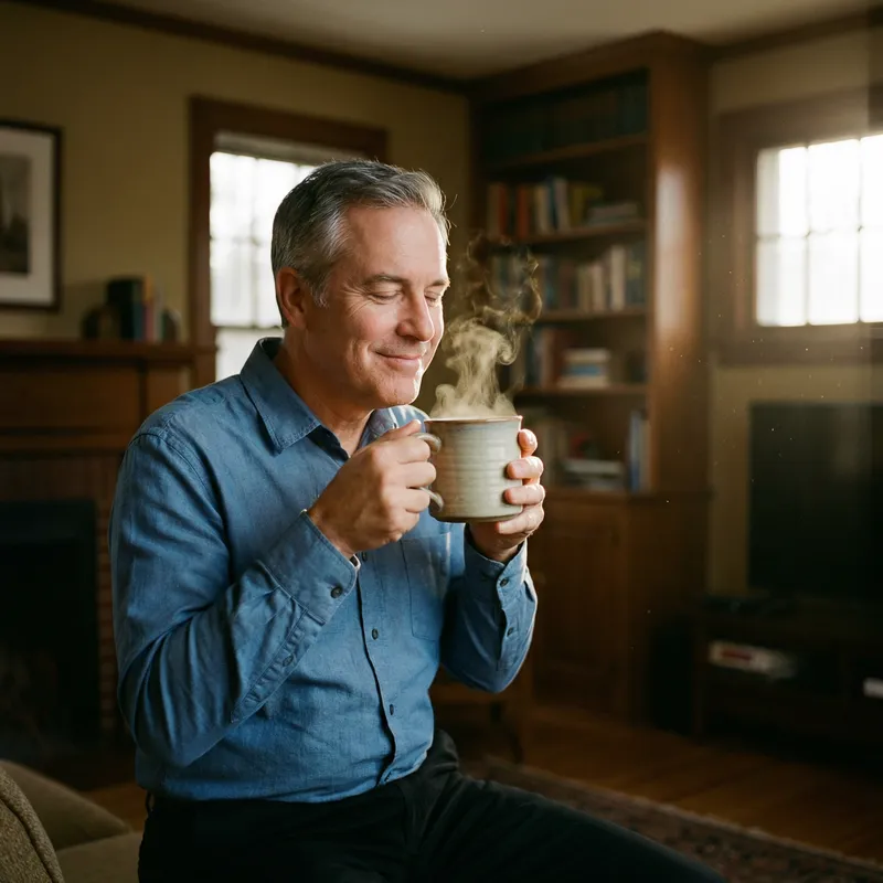Middle-Aged Man Enjoying Steaming Coffee | Cozy Morning Scene
