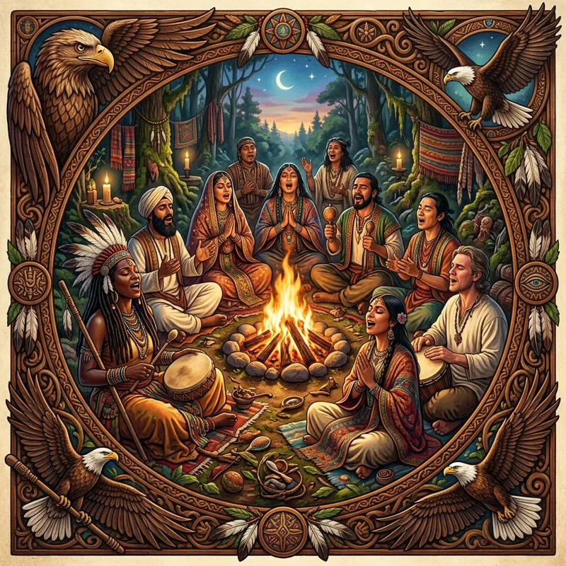 Shamanic Circle Singers in Sacred Chant with Eagles
