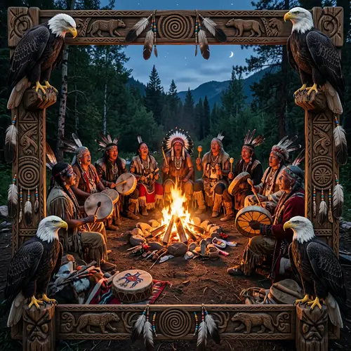 Shamanic Circle of Chanters with Eagles Perched - Spiritual Singing