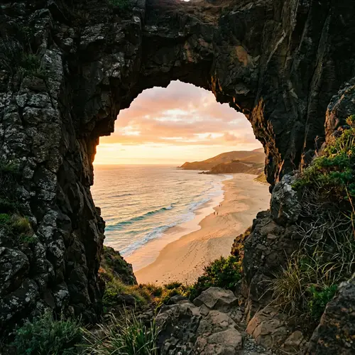 Serene Beach View Through Rocky Cliffs at Golden Hour