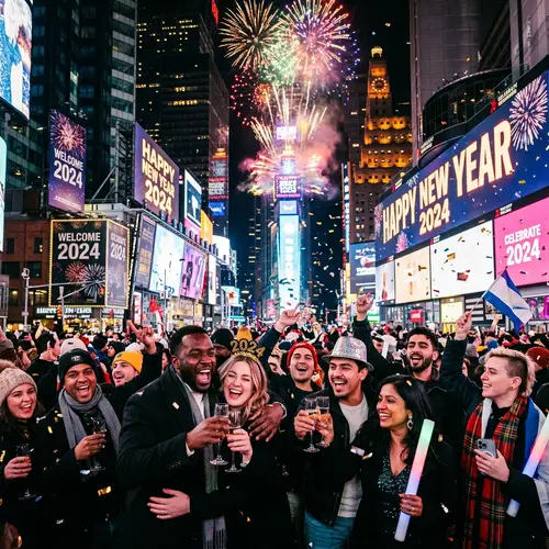 New Year's Eve Celebration 2024 in Urban Setting with Fireworks