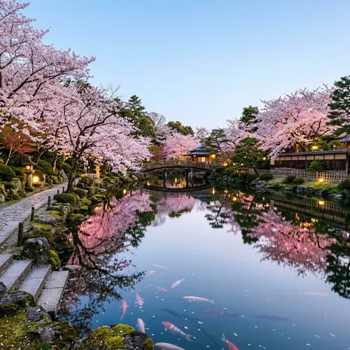 Tranquil Japanese Pond with Cherry Blossom Trees