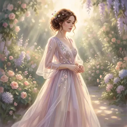 Ethereal Digital Painting of Young Woman in Mesmerizing Garden