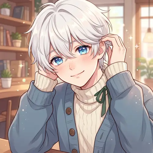 Charming Anime Boy with White Hair and Blue Eyes