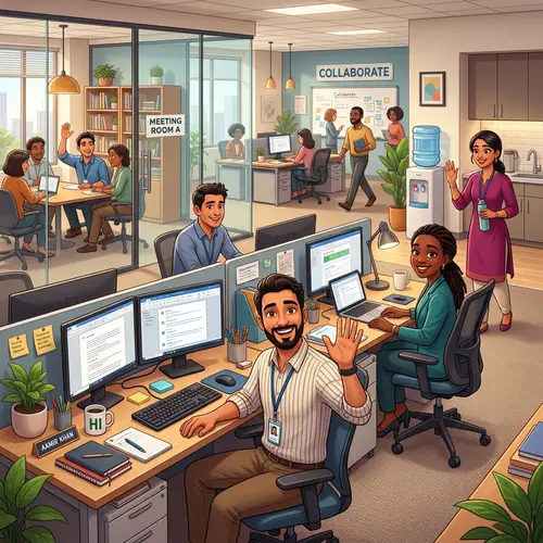 Animated Office Environment with Diverse Employees Greeting