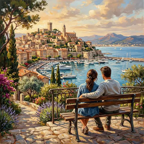 Romantic Couple in Cannes: Oil Painting Style