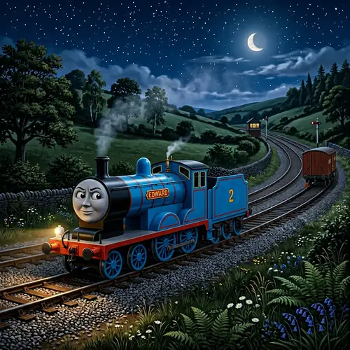 Edward the Blue Tender Engine Under Starry Sky