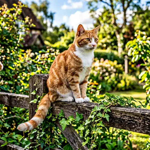 Tabby Cat Sitting on Wooden Fence in Bright Afternoon Sunshine