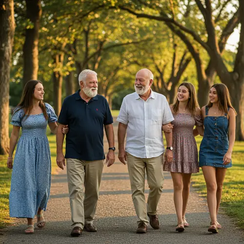 Retired Brothers and Daughters Walking Together