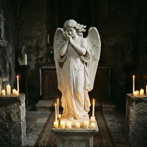 Saddened Marble Angel Amid Candles | Melancholic Scene