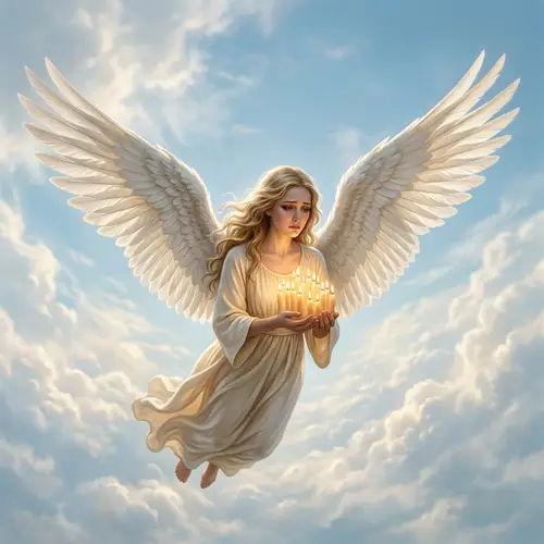 Serene Angel Soaring with Lit Candles in the Blue Sky