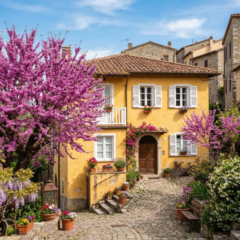 Charming Yellow Walls with White Windows and Pink Trees
