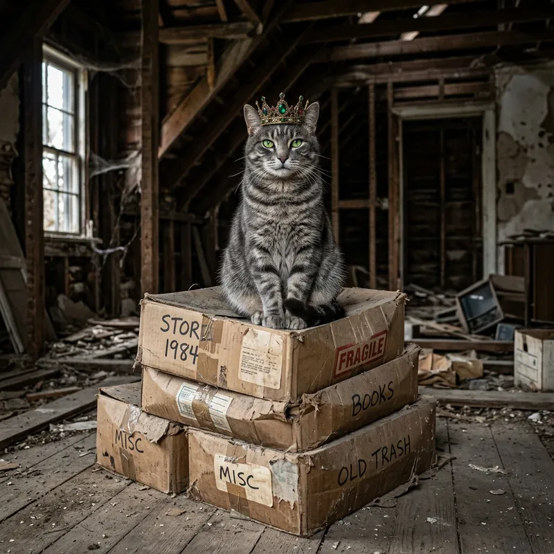 Regal Grey Striped Cat with Green Eyes Crowned Guardian in Abandoned House Atmosphere