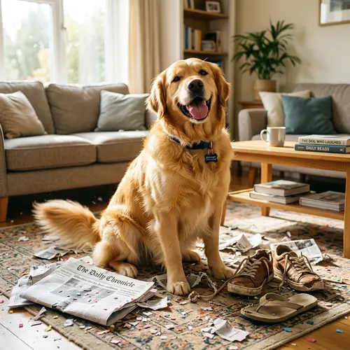 Amusing Golden Retriever Dog with Playful Expression in Bright Living Room